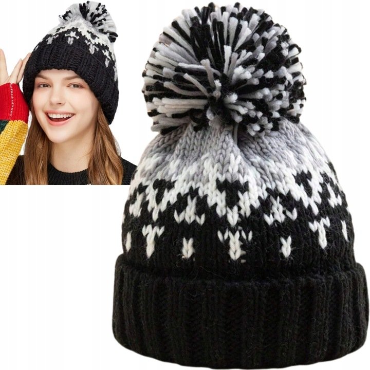 Czapka Zimowa Damska Z Pomponem Beanie Ocieplana Na Zimę Czarna