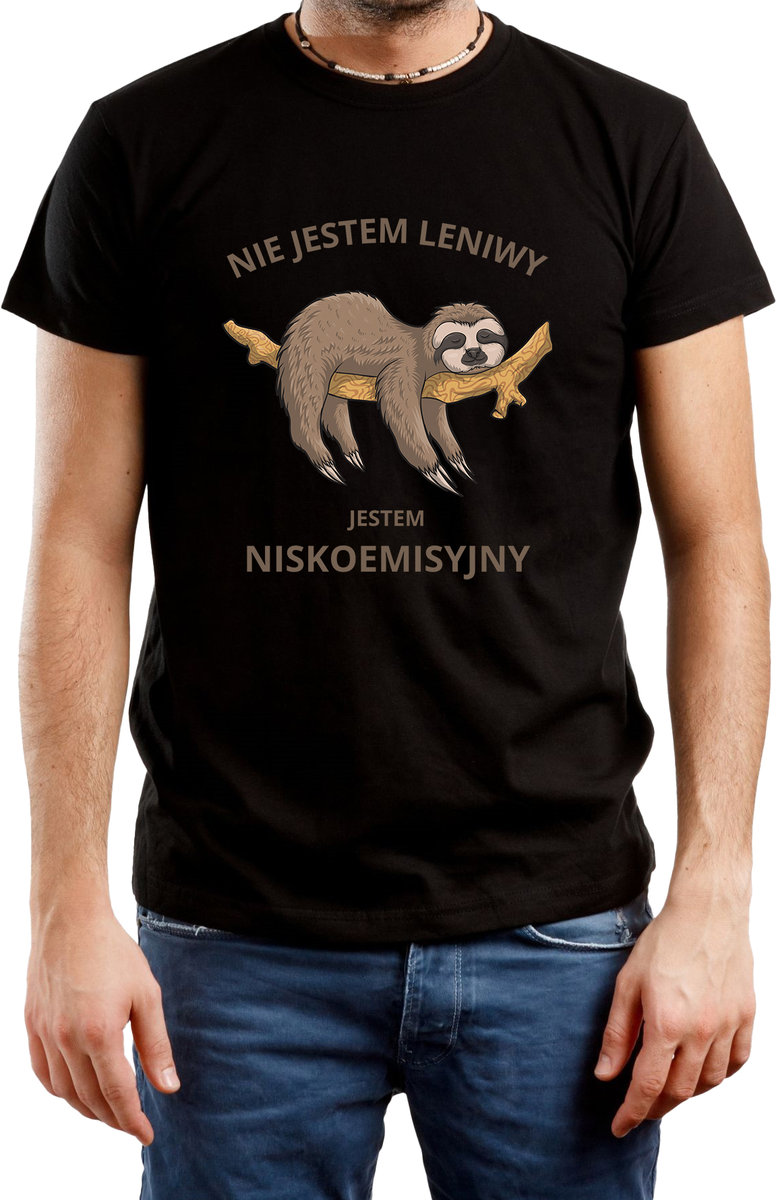 T-SHIRT MĘSKI NA PREZENT LENIWIEC ŚMIESZNA KOSZULKA CZARNA R-S A690