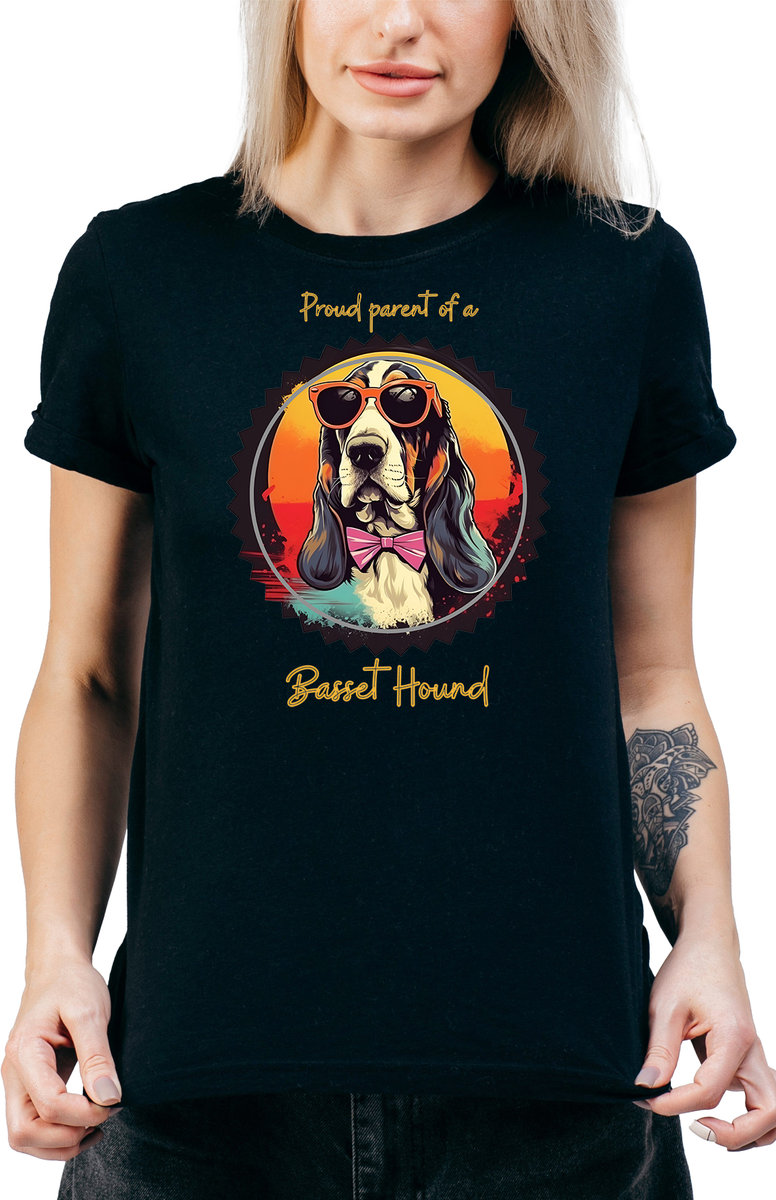 T-SHIRT DAMSKI Z PSEM Z NADRUKIEM BASSET HOUND PIES PREZENT R-S  MODEL  A150