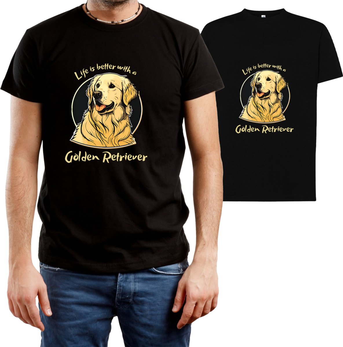 T-SHIRT MĘSKI Z NADRUKIEM GOLDEN RETRIEVER PSY KOSZULKA CZARNA R-M A144