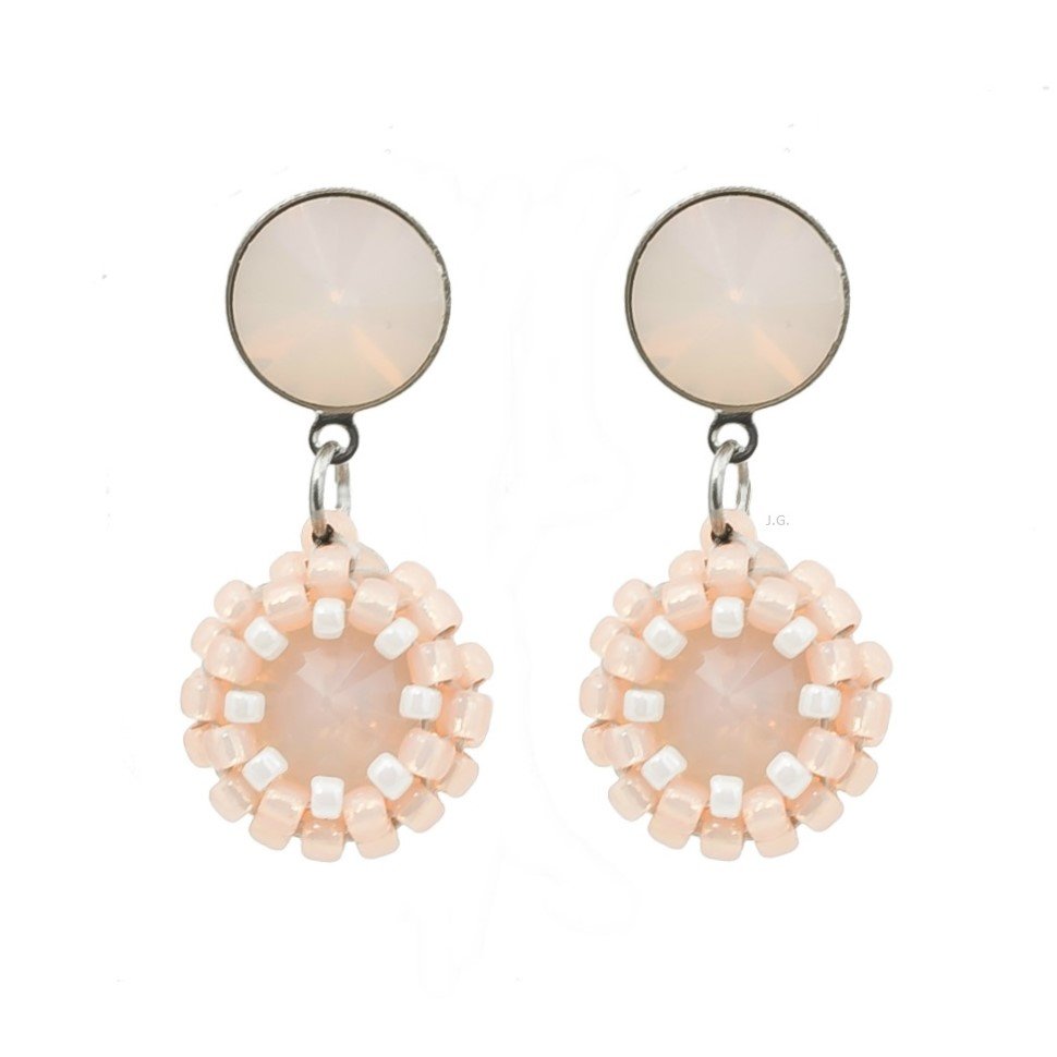 Kolczyki sztyfty rivoli opal peach koralikowe, wieczorowe, ślubne / JG. Projekt