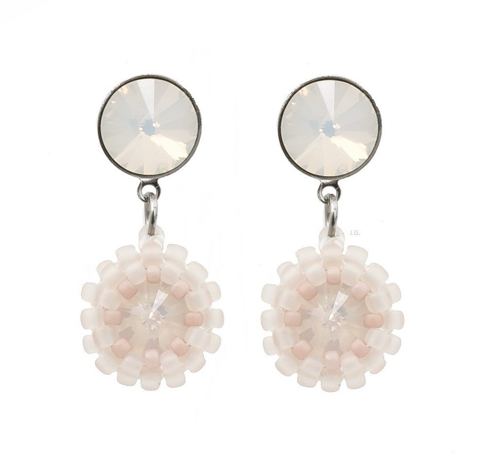 Kolczyki sztyfty rivoli white opal koralikowe, wieczorowe, ślubne / JG. Projekt