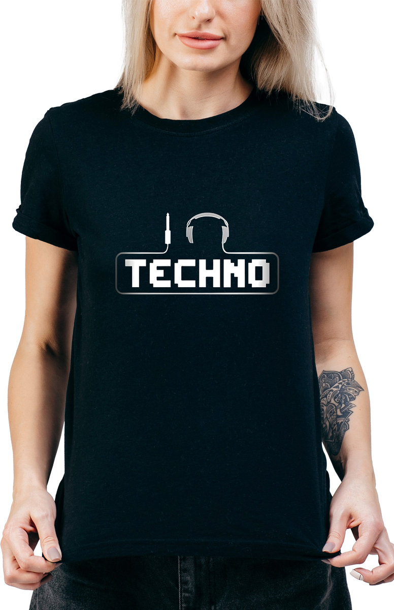 T-SHIRT DAMSKI Z NADRUKIEM TECHNO RAVE KOSZULKA CZARNA PREZENT DJ R-M  MODEL  A120