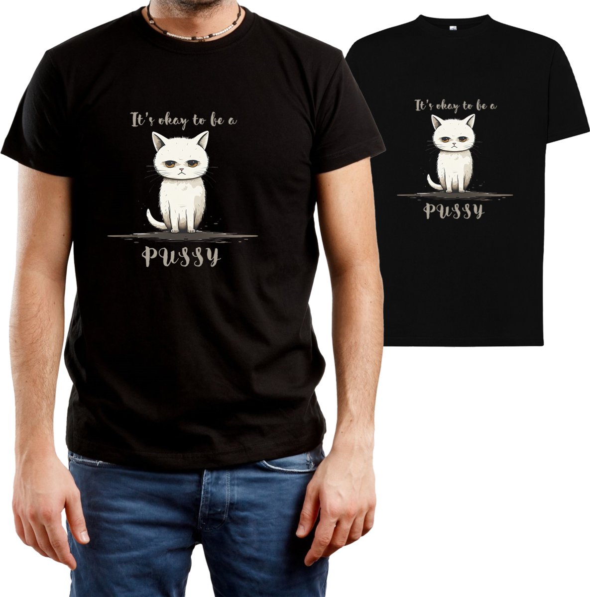 T-SHIRT MĘSKI Z NADRUKIEM KOT KOTY ŚMIESZNA KOSZULKA CZARNA R-XL A314