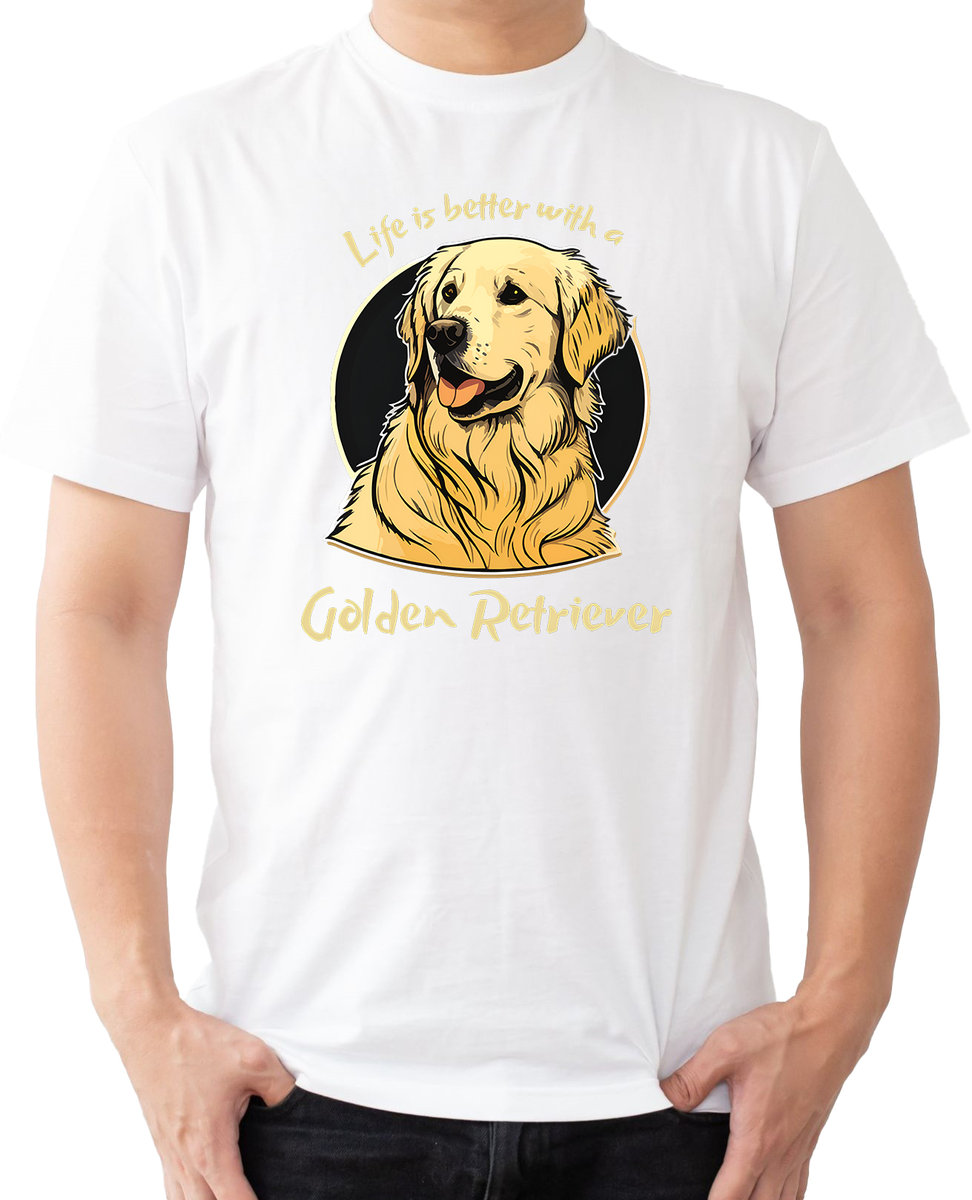 T-SHIRT MĘSKI Z PSAMI GOLDEN RETRIEVER PREZENT KOSZULKA BIAŁA R-3XL A144