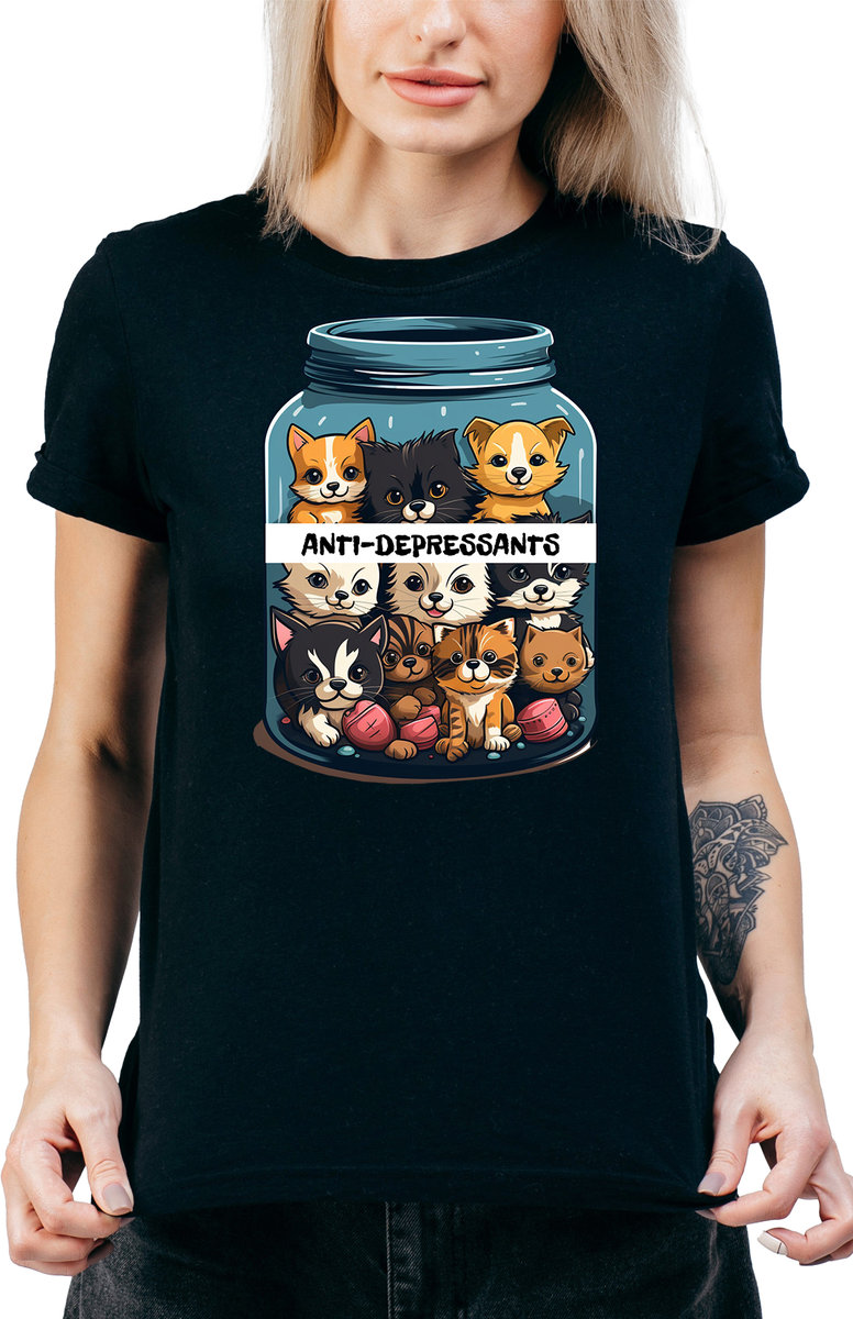 T-SHIRT DAMSKI Z NADRUKIEM KOTY PSY ŚMIESZNA KOSZULKA CZARNA R-S A313