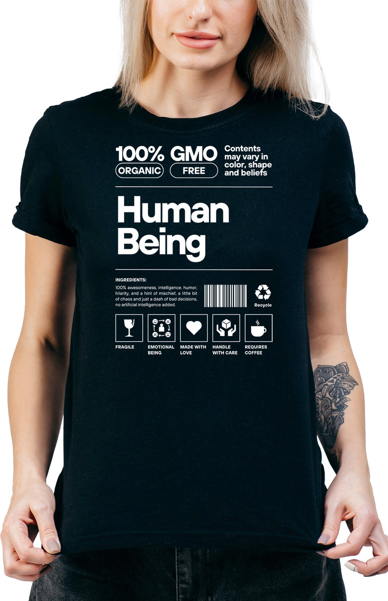 T-SHIRT DAMSKI Z NADRUKIEM ŚMIESZNA KOSZULKA CZARNA DAMSKA HUMAN  MODEL  A317