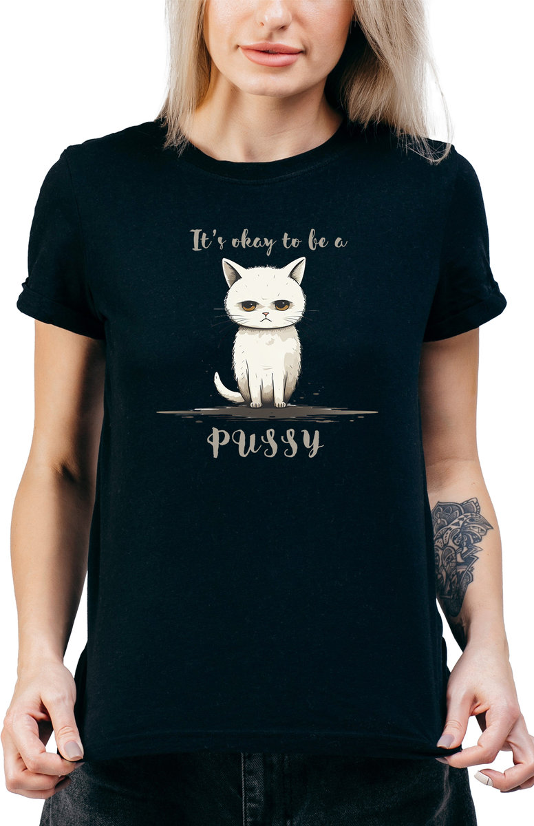 T-SHIRT DAMSKI Z NADRUKIEM ŚMIESZNA KOSZULKA CZARNA KOT PUSSY Y2K R-S  MODEL  A314