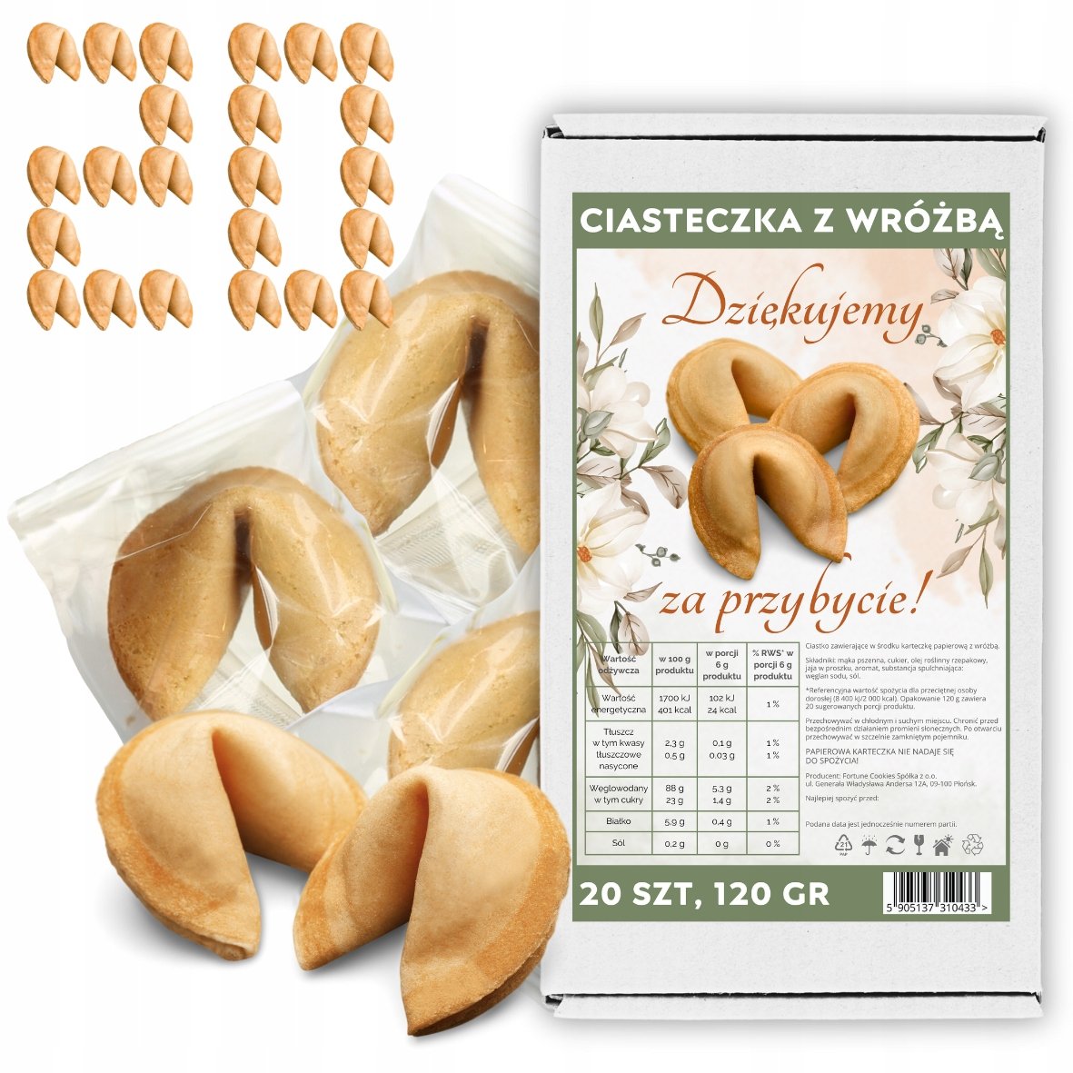 Ciasteczka z Wróżbą Dziękujemy za Przybycie Ciastko Przeznaczenia 20 sztuk