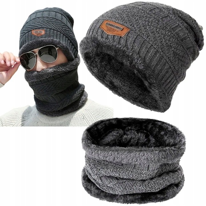 Czapka Zimowa Beanie Komin Ocieplany Damski Męski Ciepły Komplet Na Zimę