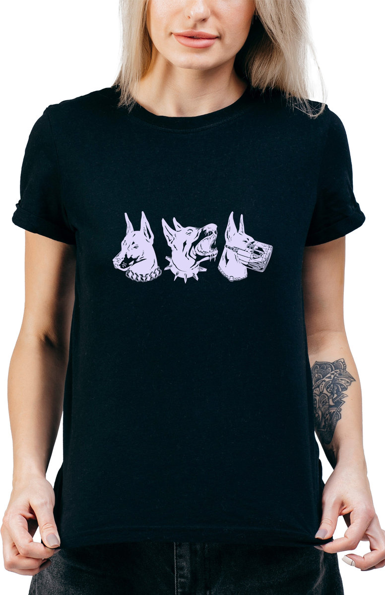 T-SHIRT DAMSKI Z NADRUKIEM DOBERMAN PSY PIES Y2K KOSZULKA CZARNA R-M  MODEL  A470