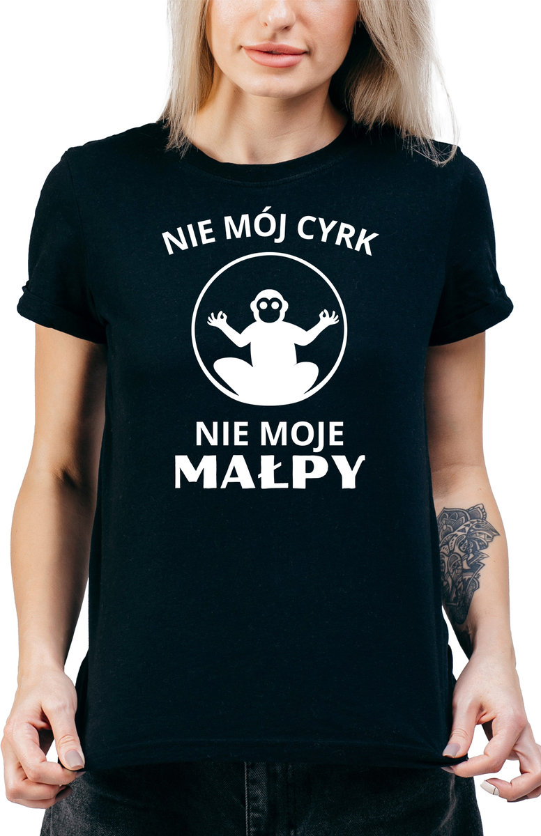 T-SHIRT DAMSKI Z NADRUKIEM PREZENT ŚMIESZNA CYRK KOSZULKA CZARNA R-M  MODEL  A402