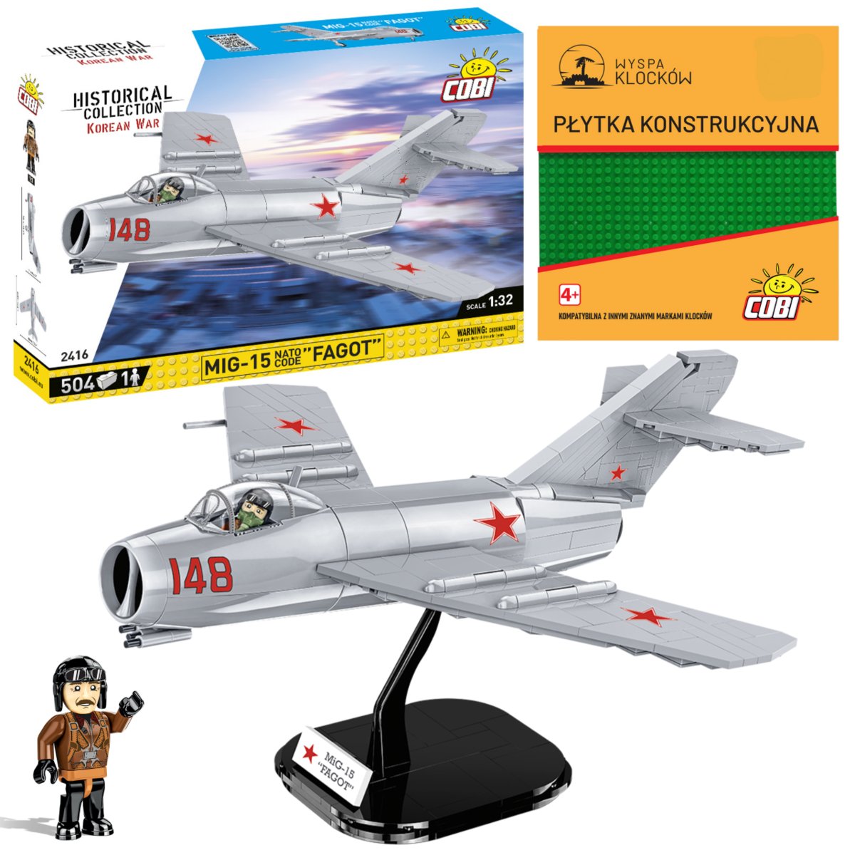 Cobi 2416 SAMOLOT MIG-15 RADZIECKI WOJSKOWY FAGOT WOJSKO ARMIA KOMPLET 504 EL. + PŁYTKA
