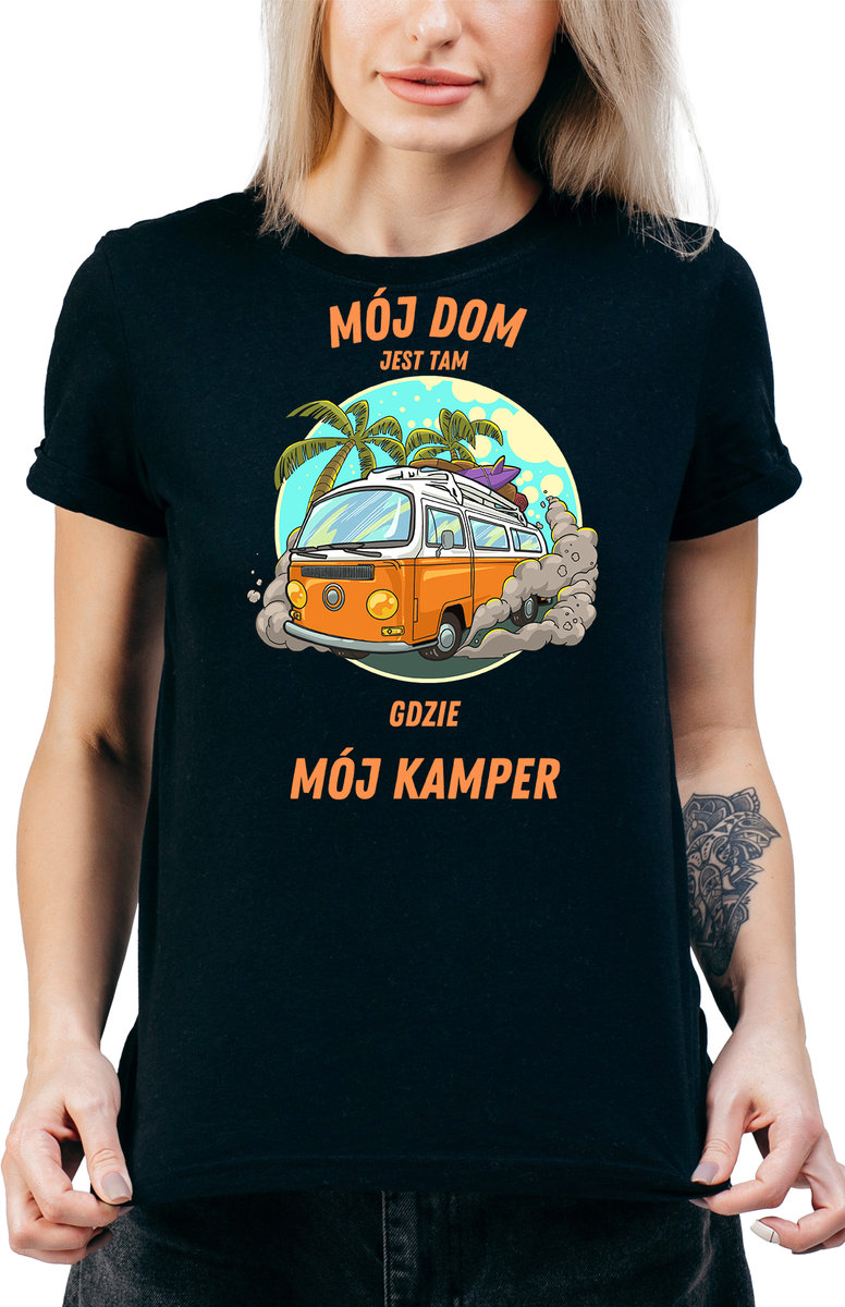 T-SHIRT DAMSKI Z NADRUKIEM KAMPER PREZENT CAMPING KOSZULKA CZARNA R-L  MODEL  A13