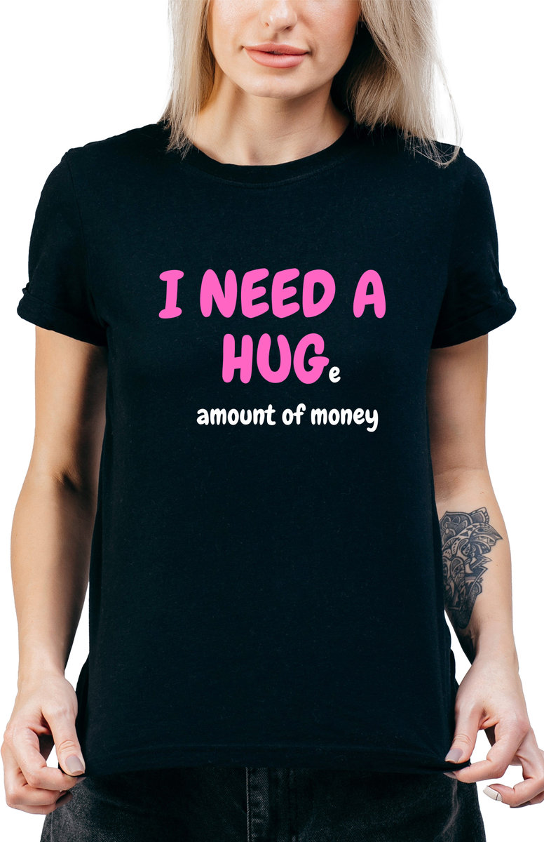 T-SHIRT DAMSKI Z NADRUKIEM ŚMIESZNA KOSZULKA CZARNA NEED MONEY Y2K R-XL  MODEL  A316