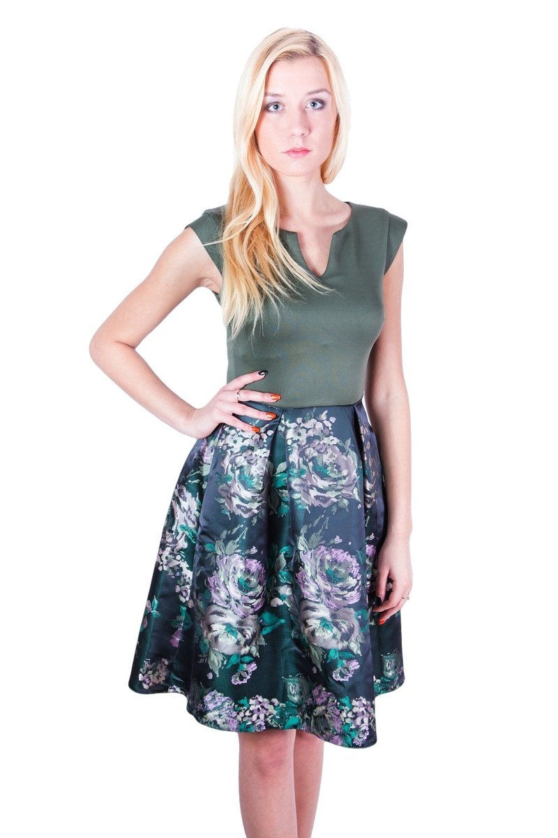 John Zack Zielona, elegancka sukienka w kwiaty S