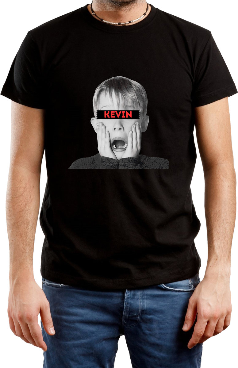 T-SHIRT MĘSKI Z NADRUKIEM PREZENT KEVIN ŚWIĄTECZNA KOSZULKA CZARNA R-S A433