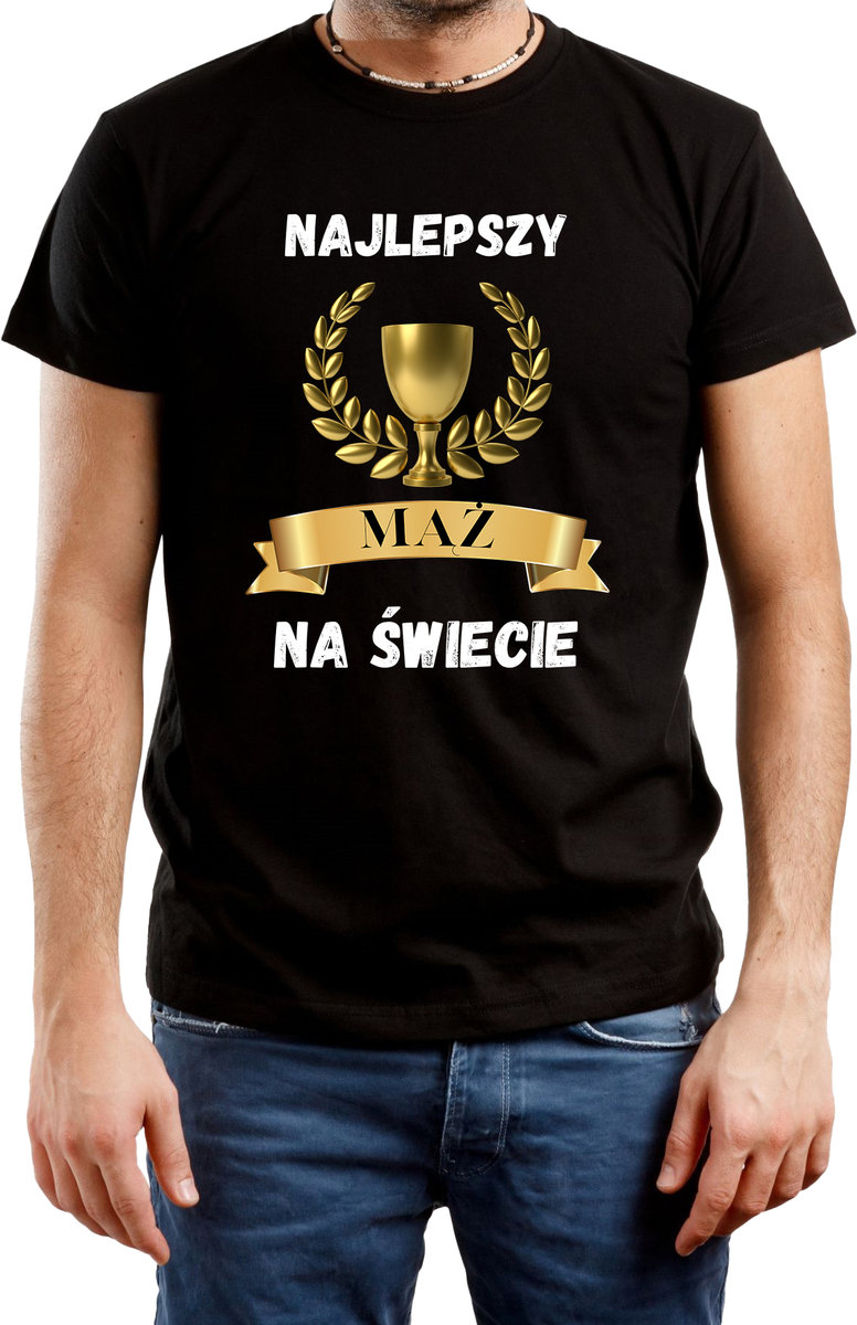 T-SHIRT MĘSKI PREZENT DLA MĘŻA Z NADRUKIEM KOSZULKA CZARNA R-S A55