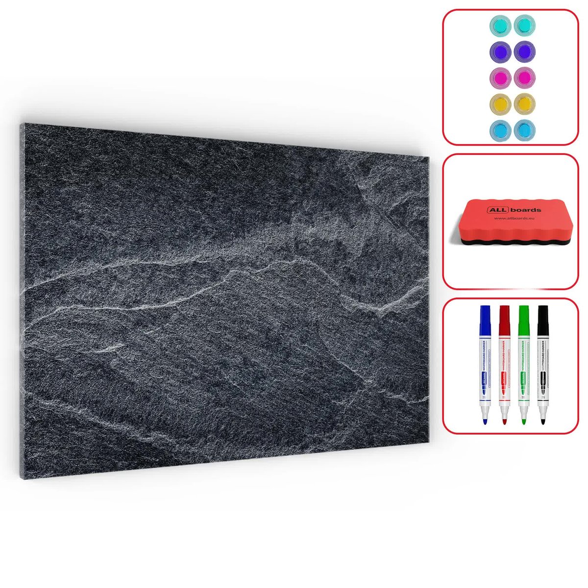 Tablica na magnesy METALboards, ciemny kamień 90x60 cm + zestaw akcesoriów
