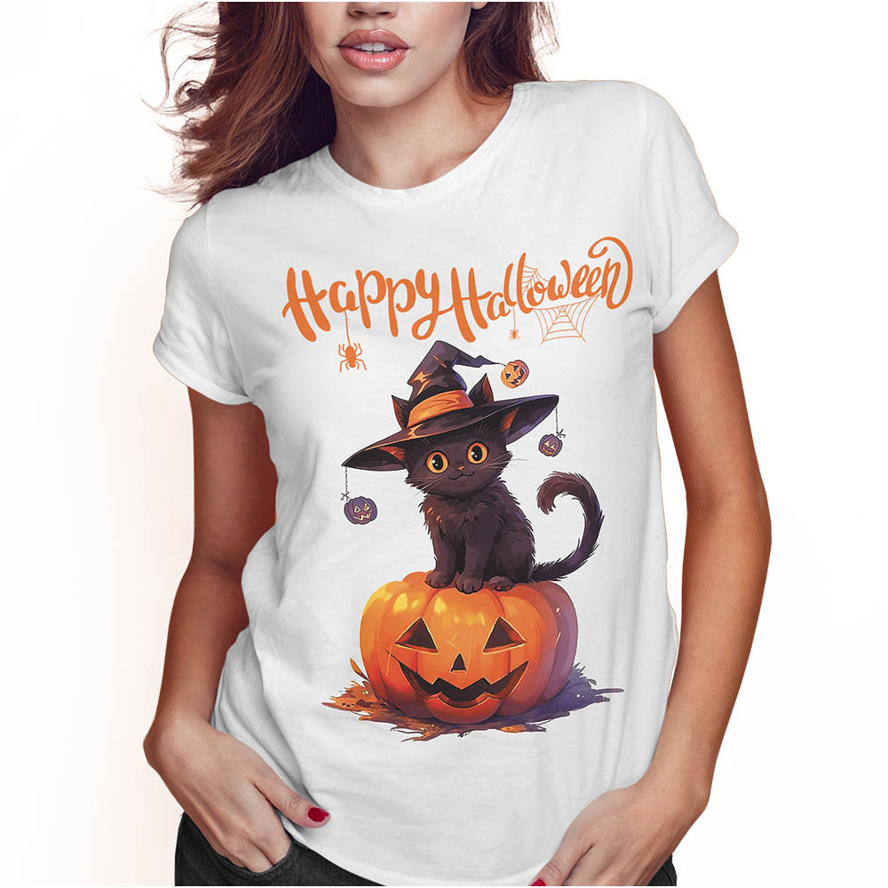KOSZULKA DAMSKA T-SHIRT HALLOWEEN KOT CZAROWNICA DYNIA SUPER JAKOŚĆ