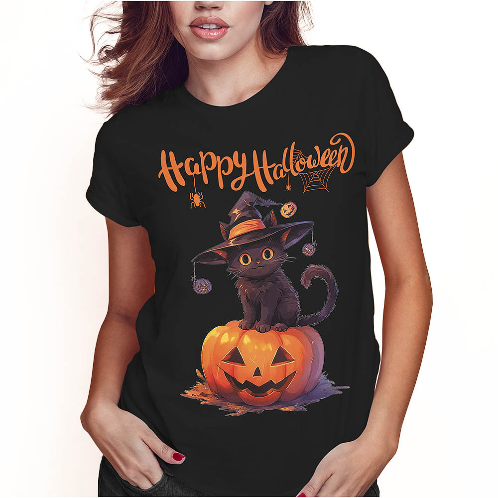 KOSZULKA DAMSKA T-SHIRT HALLOWEEN KOT CZAROWNICA DYNIA SUPER JAKOŚĆ