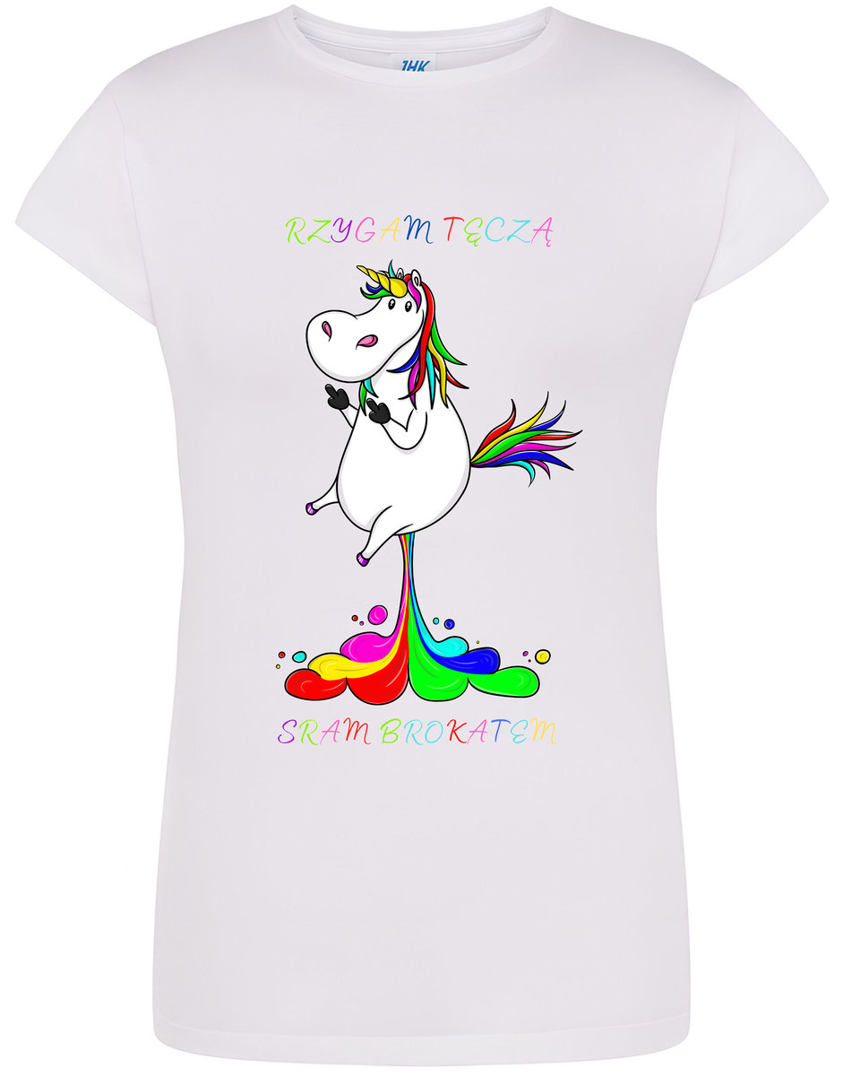 T-SHIRT DAMSKI PREZENT JEDNOROŻEC TĘCZA MIESZNA KOSZULKA BIAŁA R-S A568
