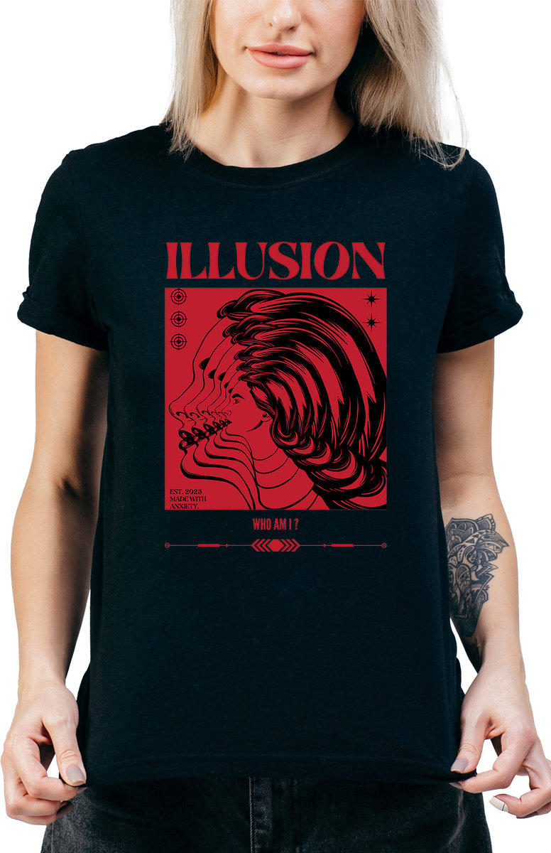 T-SHIRT DAMSKI Z NADRUKIEM PREZENT Y2K ILLUSION MODA R-M A212