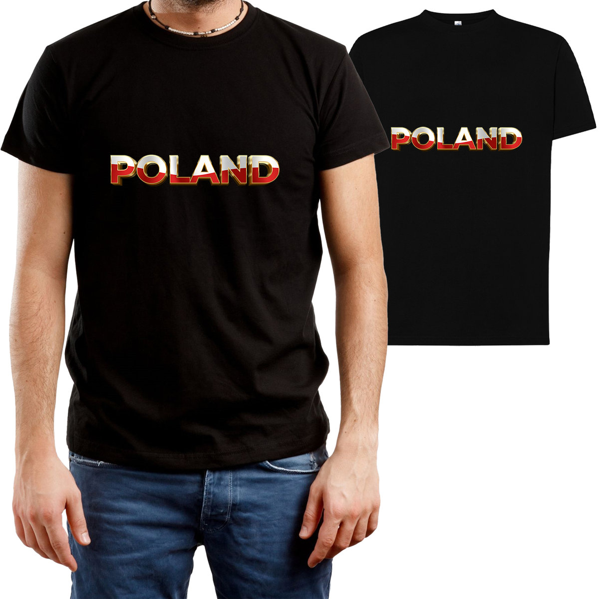 T-SHIRT MĘSKI NADRUK POLAND PATRIOTYCZNA POLSKA KOSZULKA CZARNA R-L A83