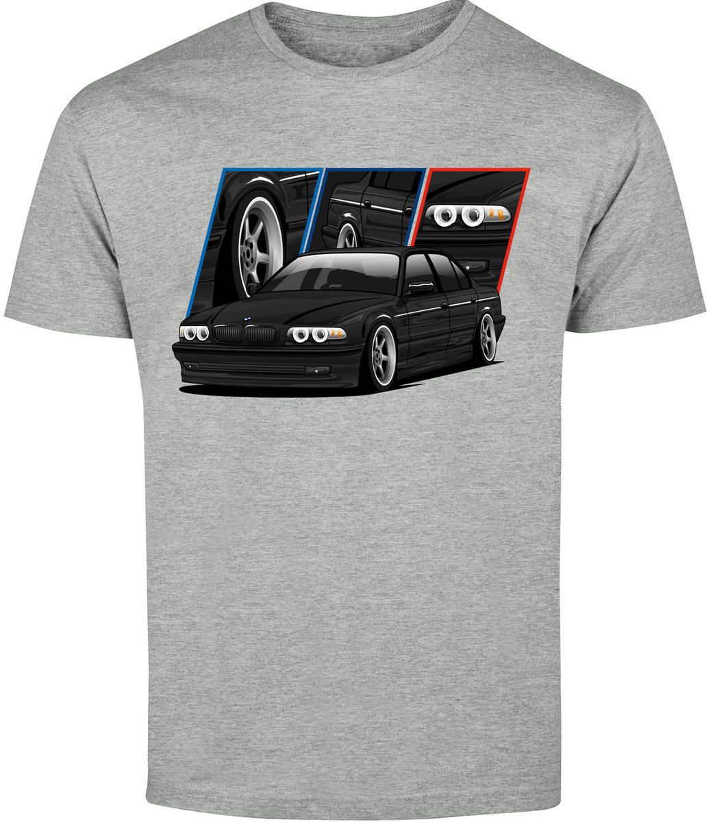 T-SHIRT MĘSKI MOTORYZACYJNA BMW 7 E38 M POWER KOSZULKA SZARA R-XXL A585