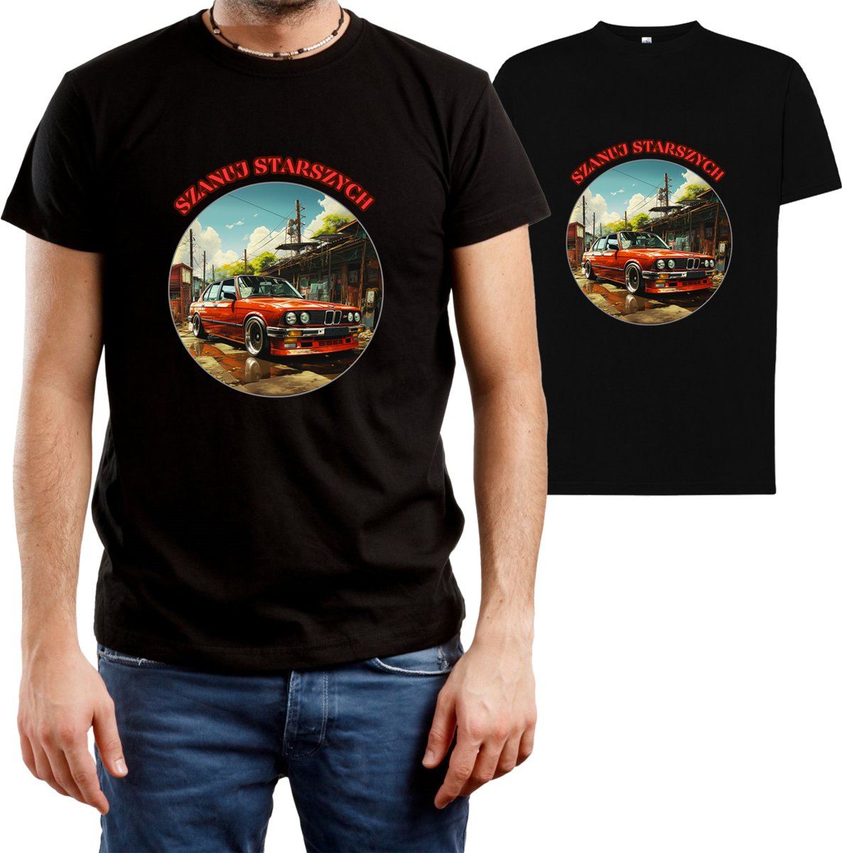 T-SHIRT MĘSKI BMW DLA FANA E30 M3 Z NADRUKIEM KOSZULKA CZARNA R-3XL A343