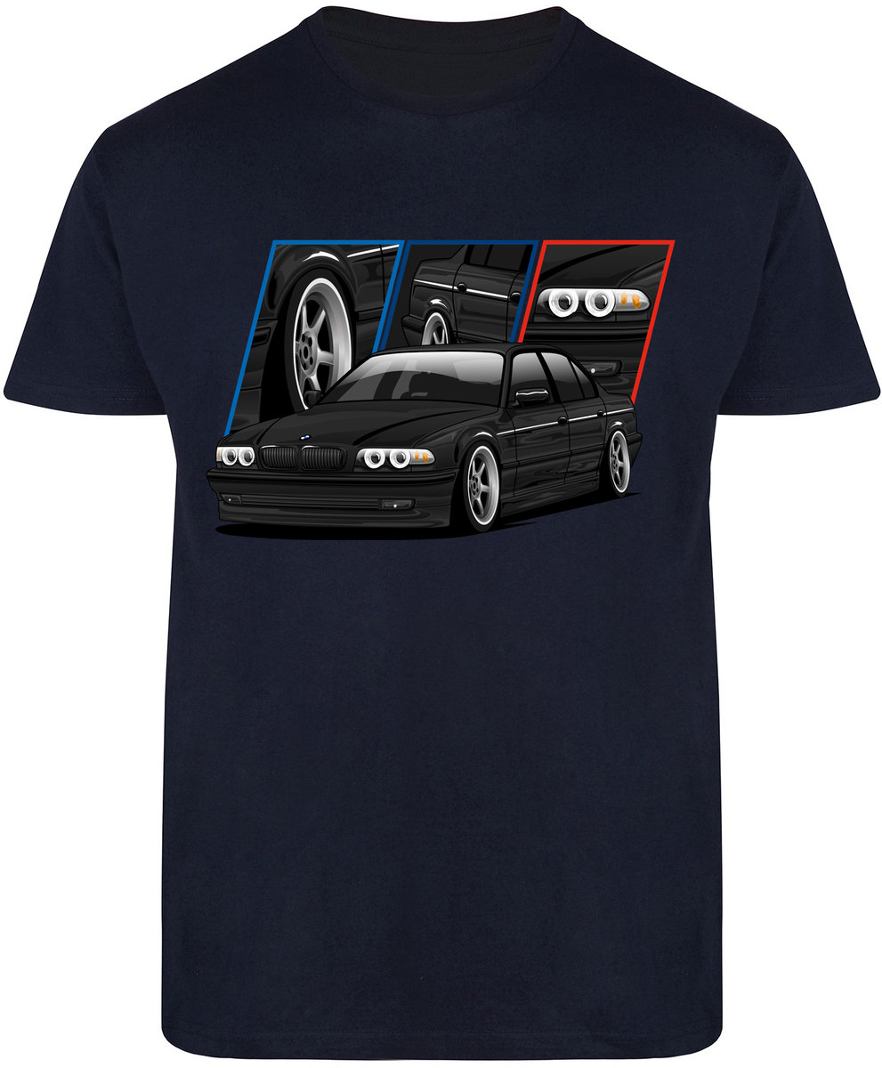 T-SHIRT MĘSKI BMW 7 E38 M POWER AUTA PREZENT KOSZULKA GRANATOWA R-3XL A585