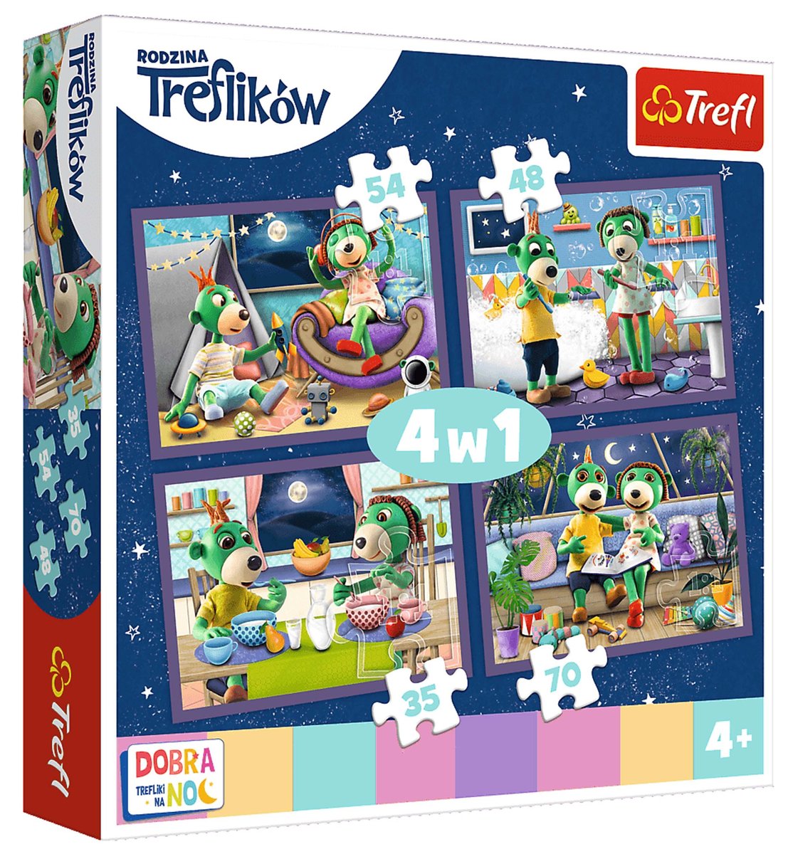 Puzzle 4w1- Wieczorne rytuały Treflików- Dobranoc, Trefliki na noc  TREFL