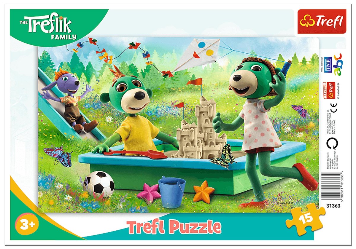 Puzzle ramkowe, kolorowy obrazek z Rodziną Treflików 15 elementów TREFL