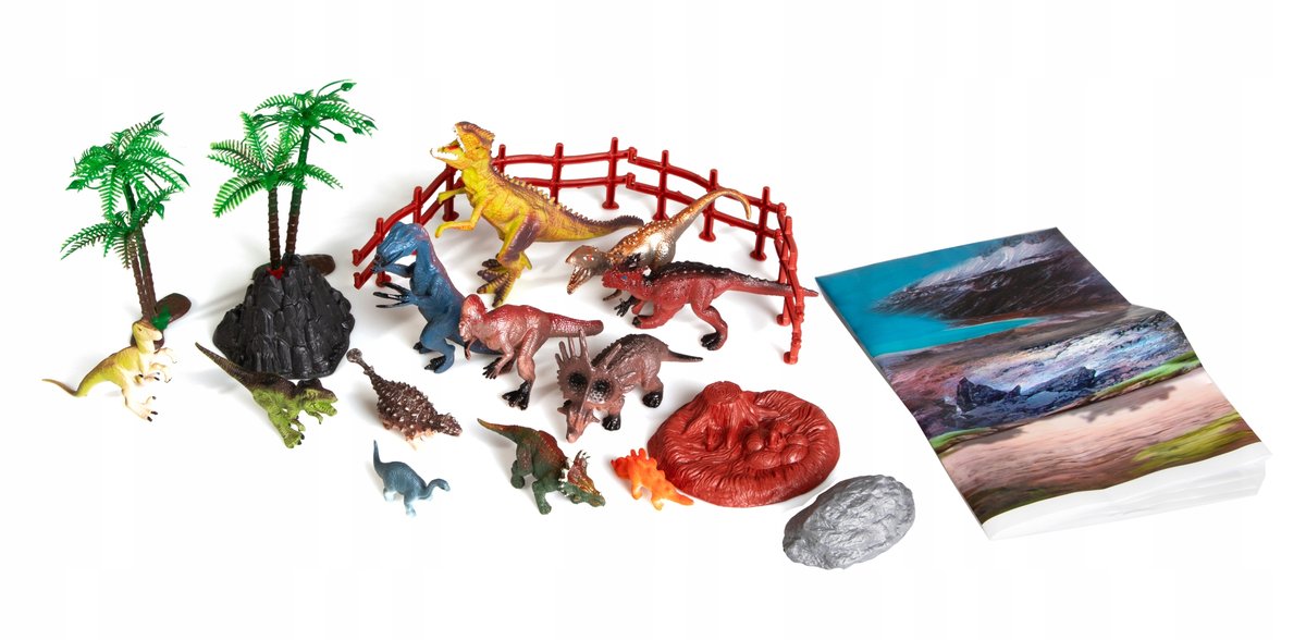 DINOZAURY FIGURKI 12 SZT + MATA I AKCESORIA WULKAN DRZEWA