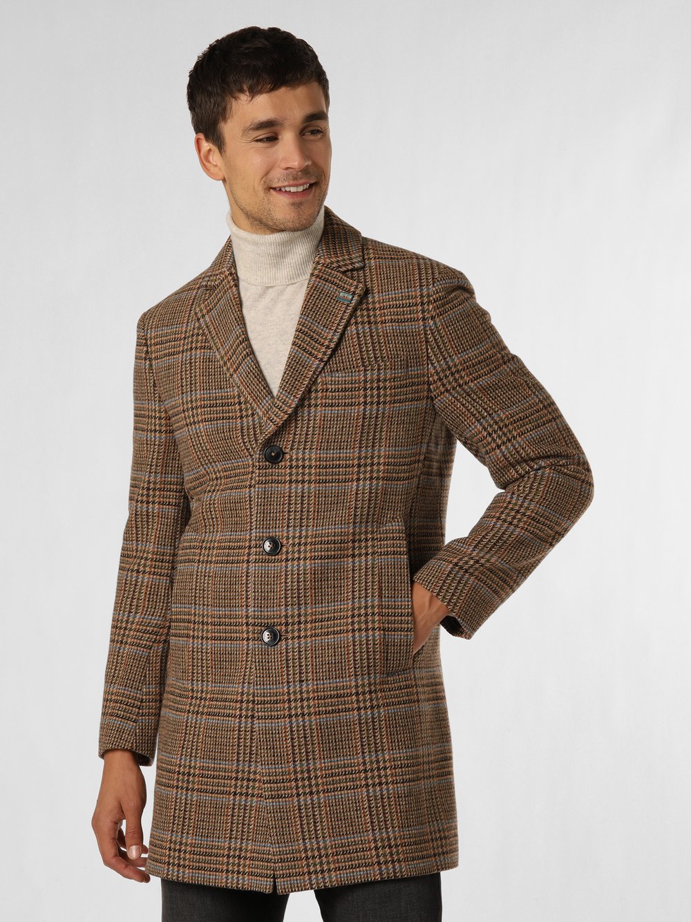 Finshley & Harding London Płaszcz męski Mężczyźni Wełna beżowy|wielokolorowy|brązowy w kratkę, 46