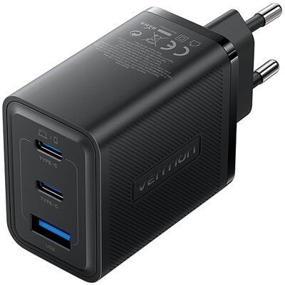 Ładowarka sieciowa, Vention, FERB0-EU,  2xUSB-C, USB- A, 65W/65W/30W, GaN (czarna)