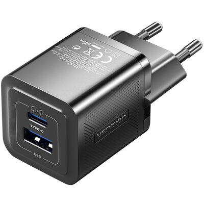Ładowarka sieciowa, Vention, FEQB0-EU, USB-C, USB- A, 30W/30W, GaN (czarna)