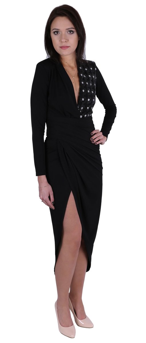 John Zack czarna, drapowana sukienka z cekinami S