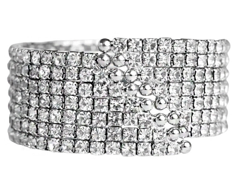 Elegancka bransoletka z białymi cyrkoniami szeroka sprężynka bangle
