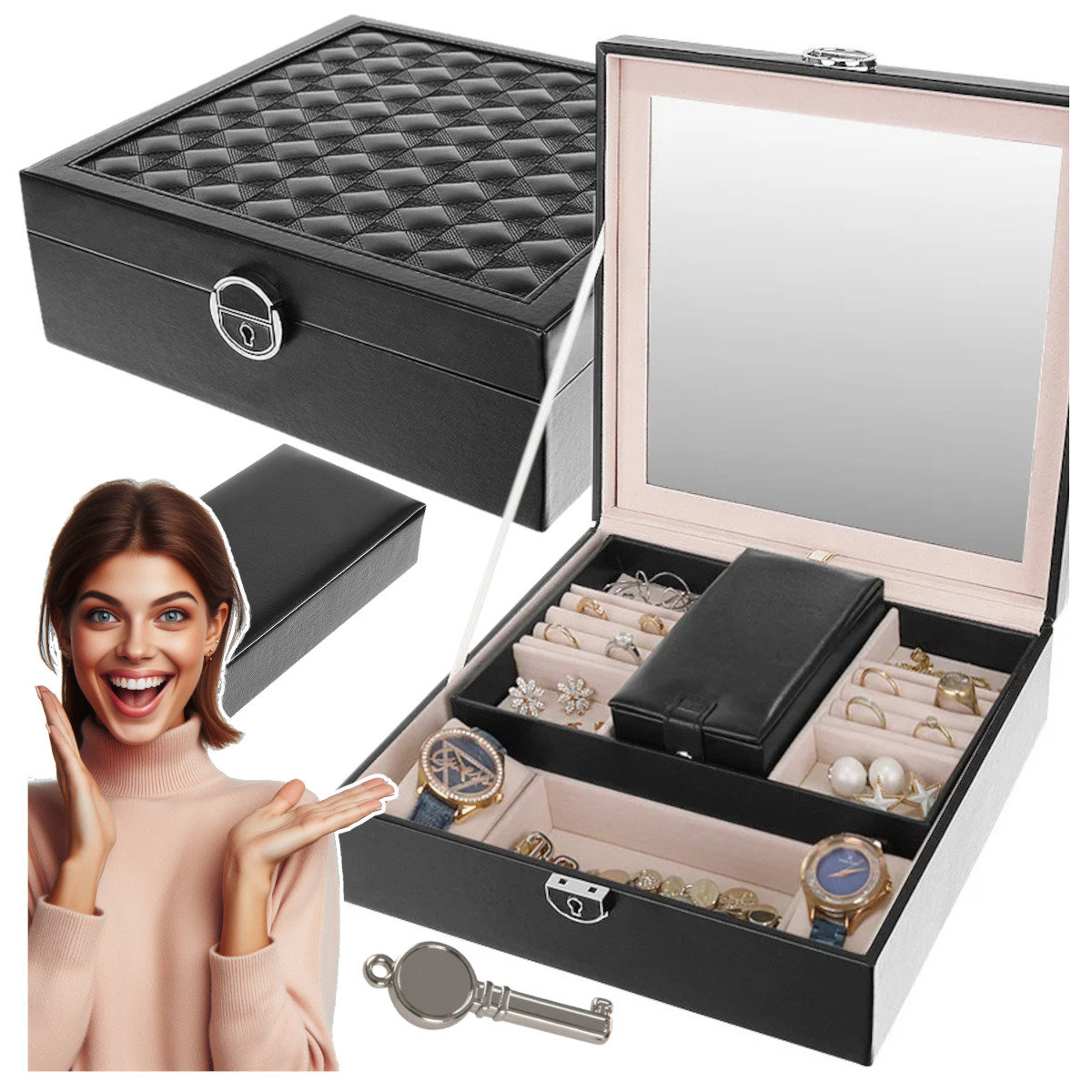Czarna szkatułka na biżuterię, zegarki z lustrem, kuferek, organizer D997C