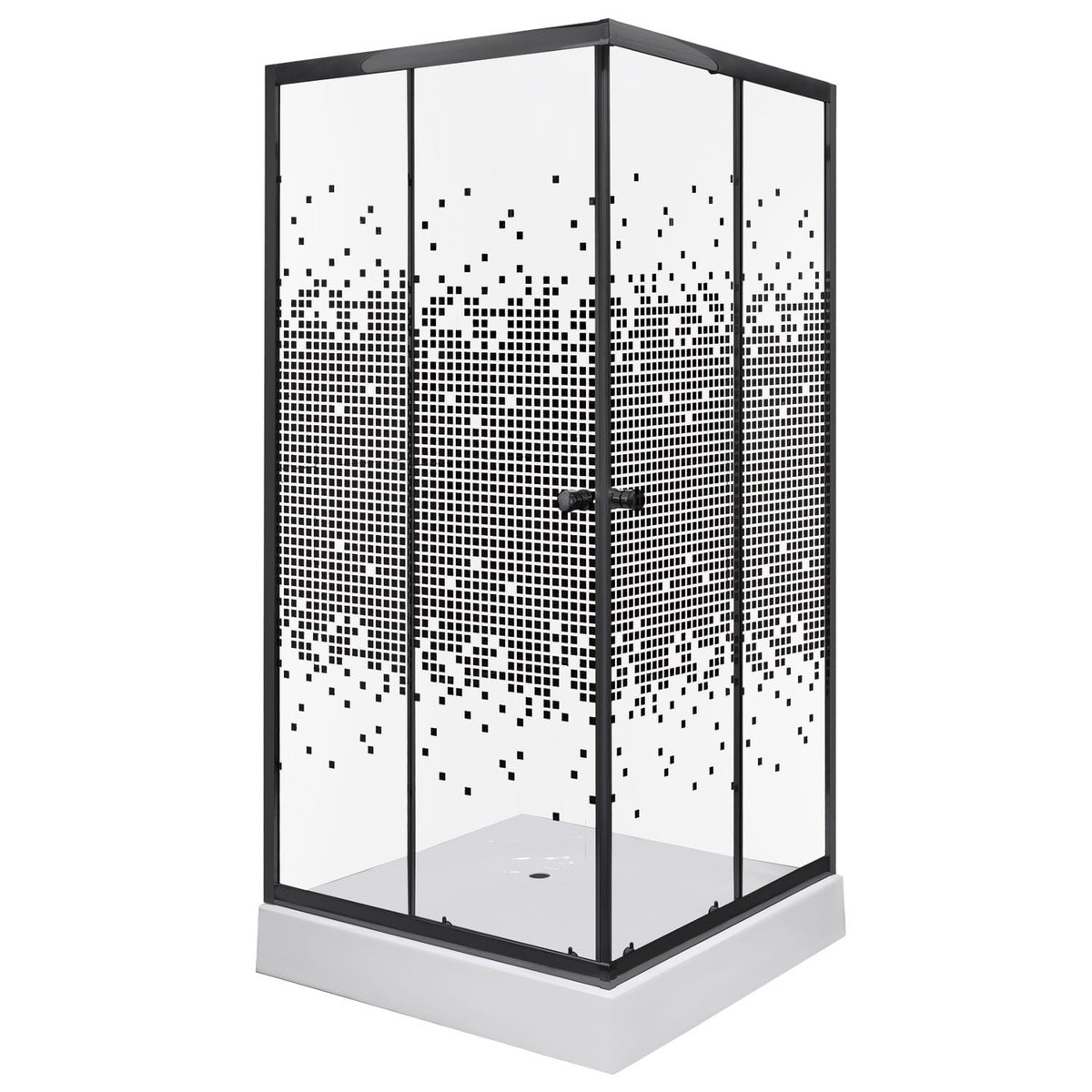 KERRA Kabina natryskowa 80×80×195 cm / 4 mm z brodzikiem, szyba transparentna z dekorem , czarna Pixel SQ BL