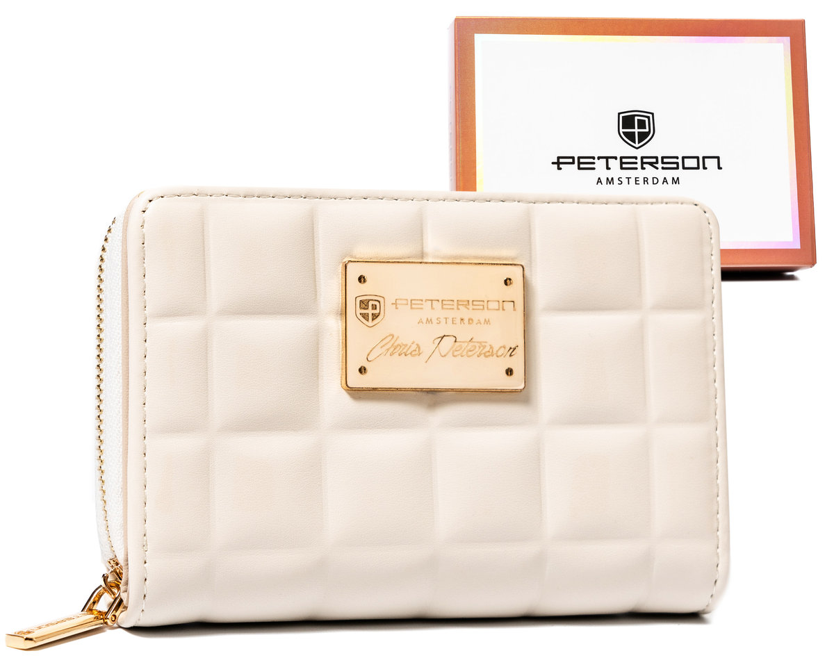 Portfel damski Peterson pikowany na suwak mała portmonetka na karty i gotówkę, kremowy