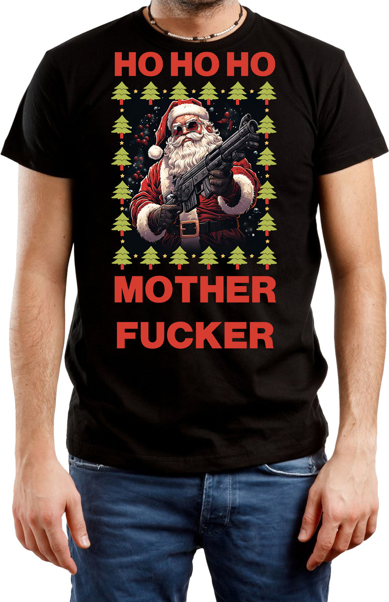 T-SHIRT MĘSKI Z NADRUKIEM PREZENT ŚWIĘTA MIKOŁAJ KOSZULKA CZARNA R-3XL A442
