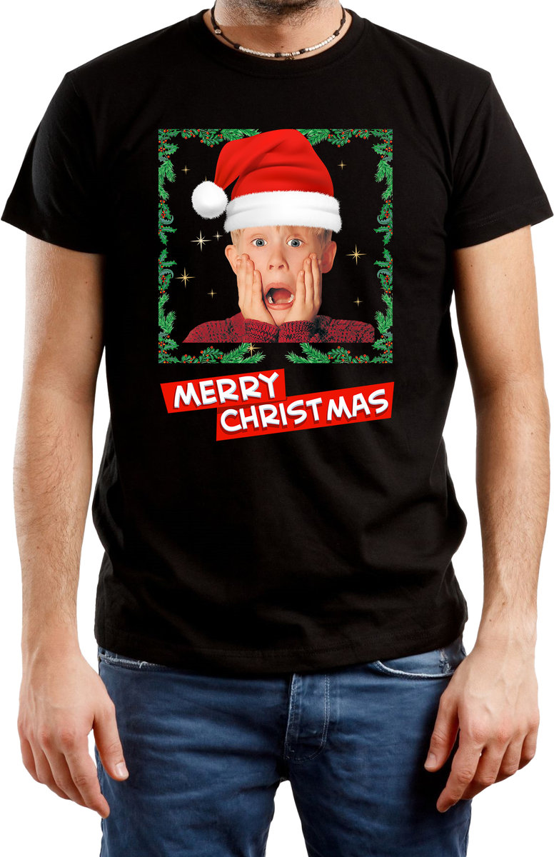 T-SHIRT MĘSKI Z NADRUKIEM PREZENT KEVIN ŚWIĄTECZNA KOSZULKA CZARNA R-S A432