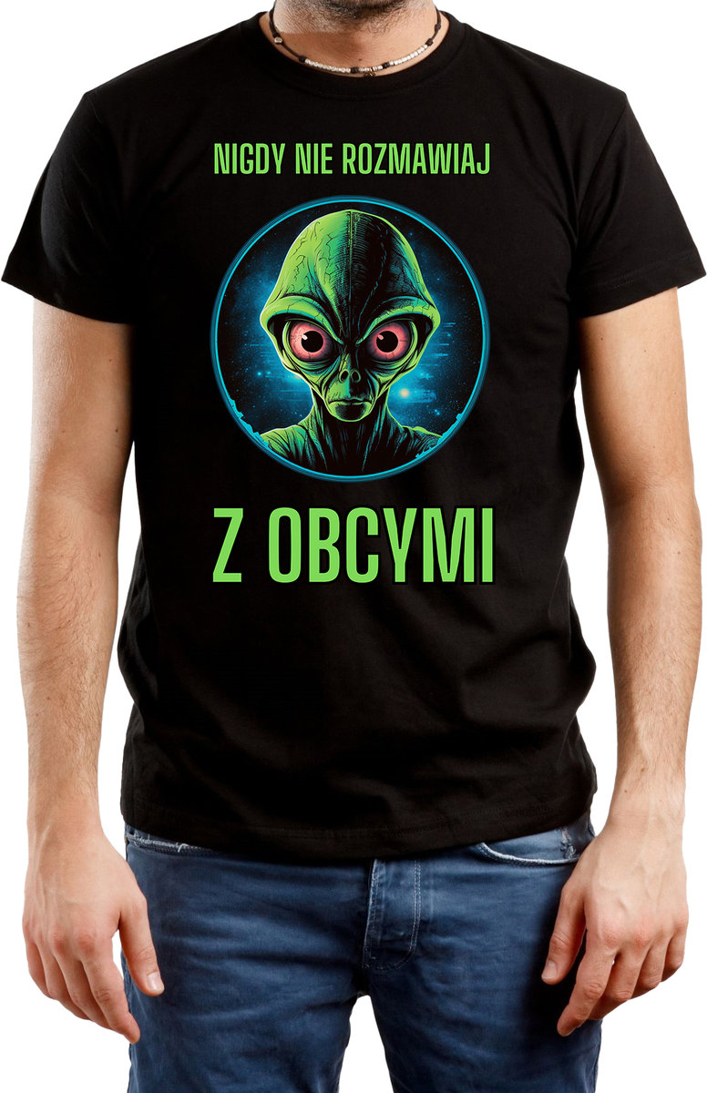 T-SHIRT MĘSKI PREZENT OBCY ŚMIESZNA KOSZULKA Y2K CZARNA R-S A382