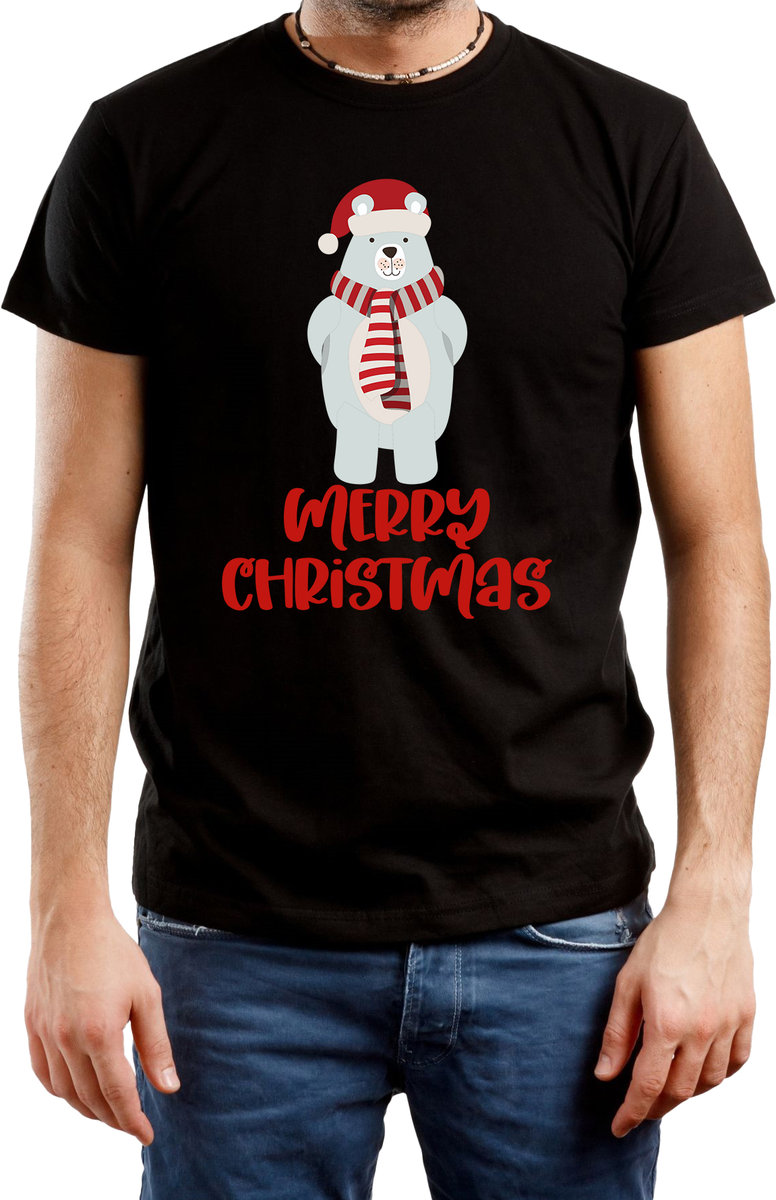 T-SHIRT MĘSKI Z NADRUKIEM PREZENT ŚWIĘTA MIŚ KOSZULKA CZARNA R-S A440