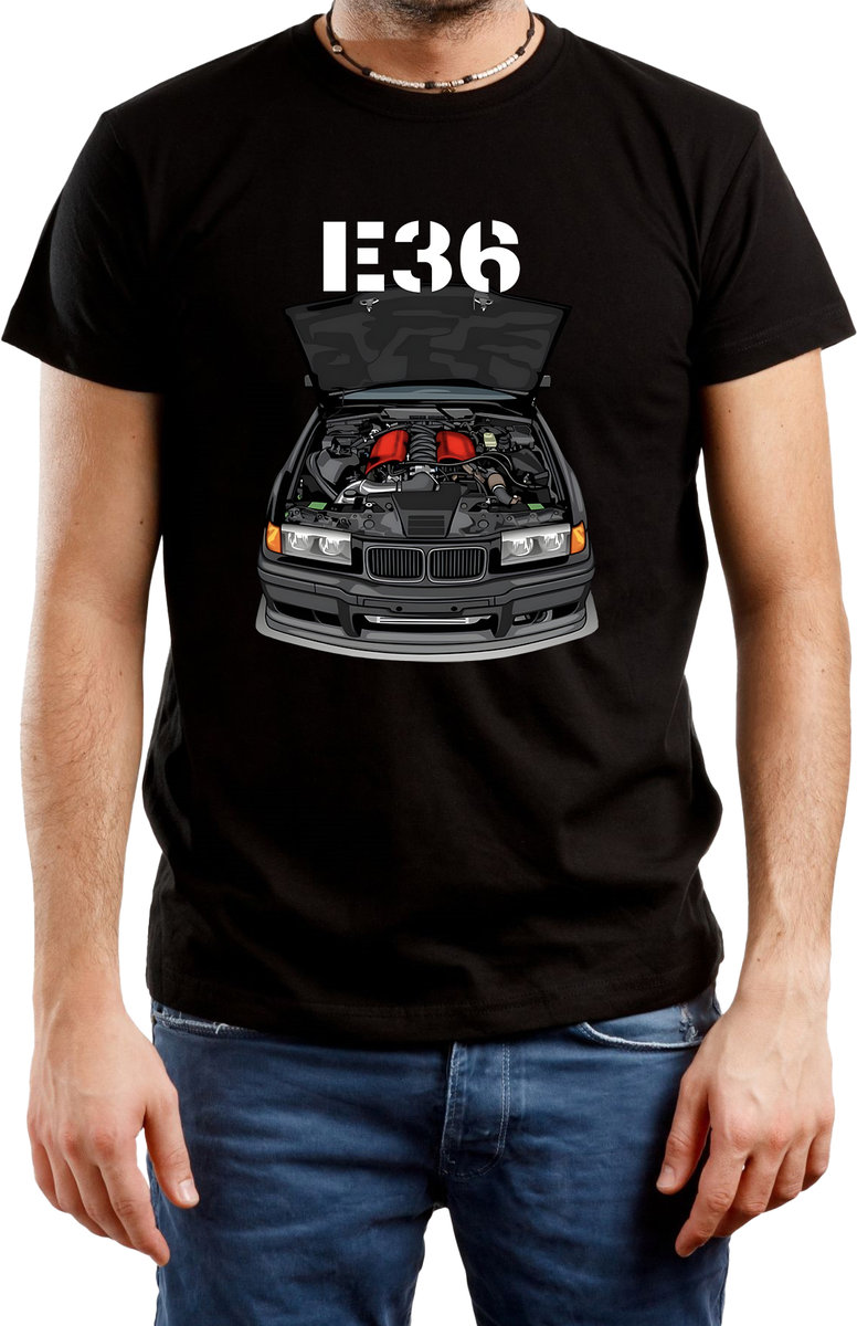 T-SHIRT MĘSKI BMW DLA FAN E36 M POWER Z NADRUKIEM KOSZULKA CZARNA R-XXL A99