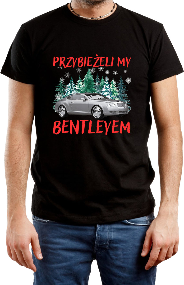 T-SHIRT MĘSKI Z NADRUKIEM PREZENT ŚWIĘTA BENTLEY KOSZULKA CZARNA R-L A472