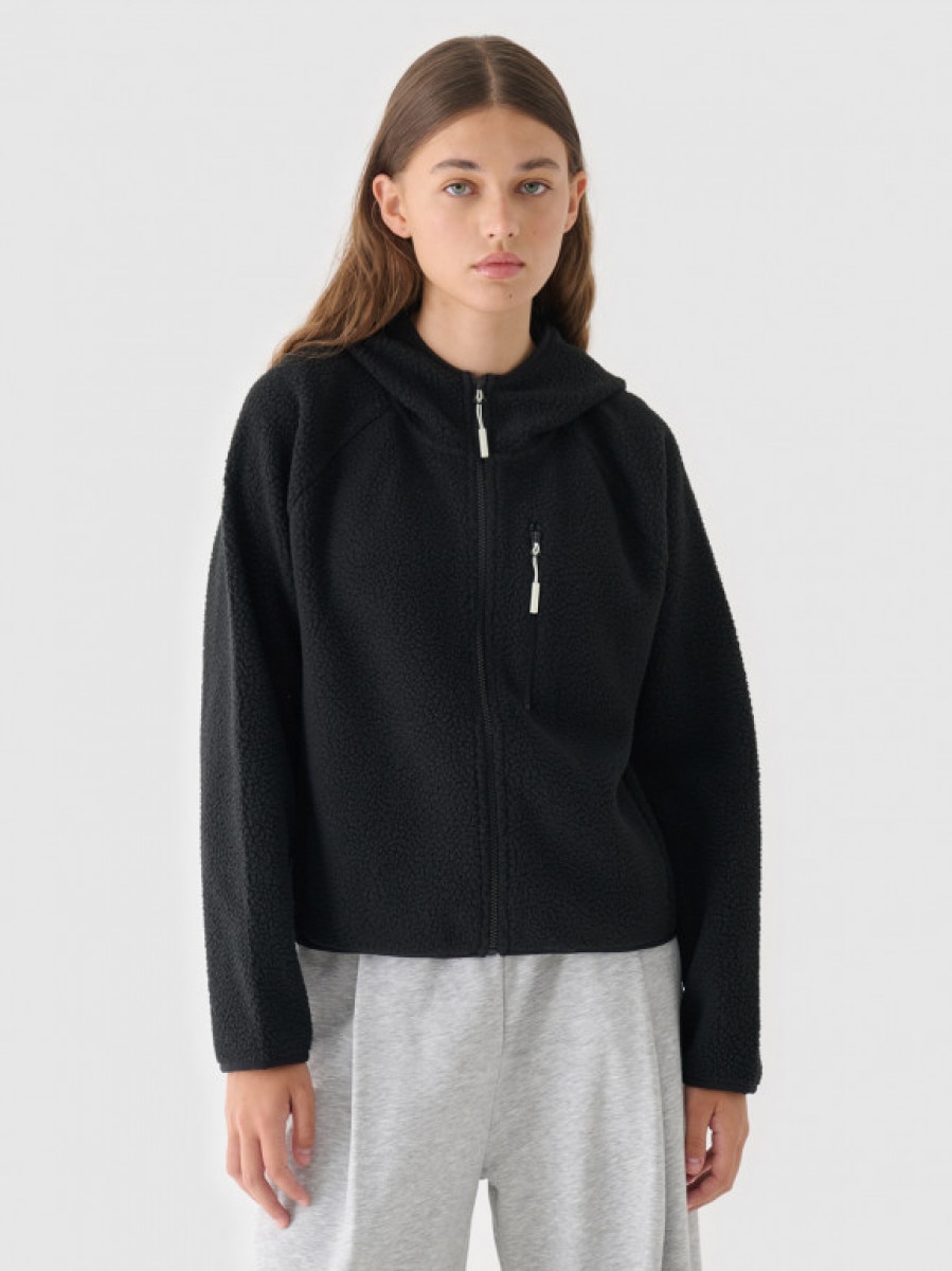 Damski polar sherpa z kapturem rozpinany 4F 4FRAW24TFLEF361 - czarny