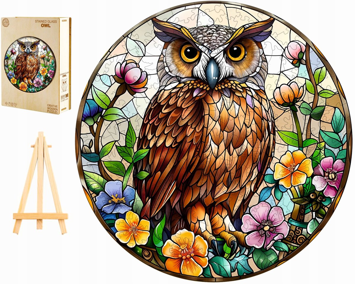 PUZZLE DREWNIANE DUŻE 300 ELEMENTÓW MĄDRA SOWA WITRAŻ W DREWNIANYM PUDEŁKU